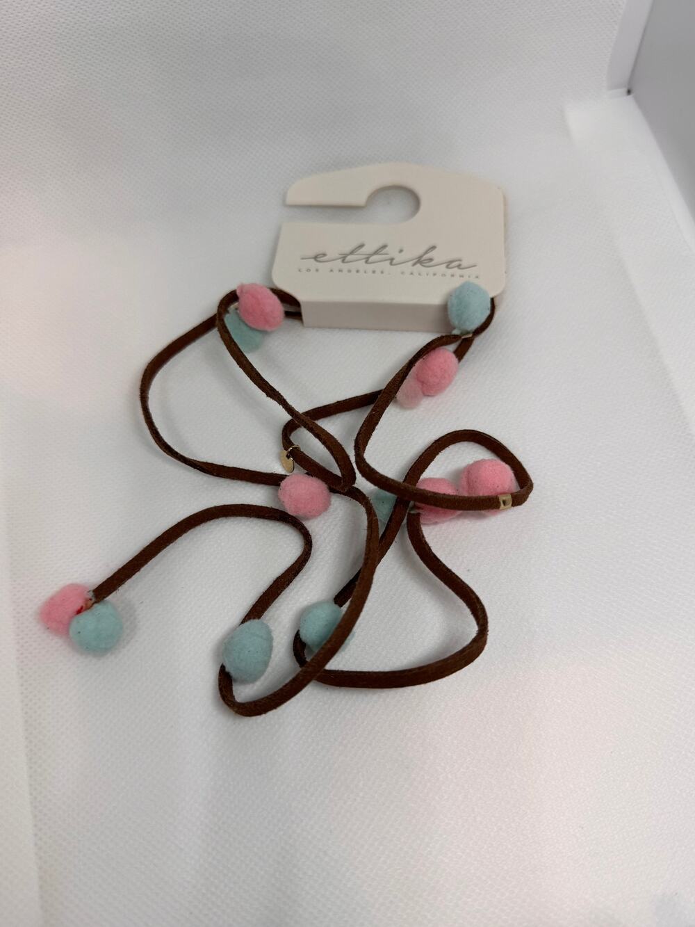 NEW ETTIKA REVOLVE Brown Leather Strap Pom-Pom Y-Drop Necklace